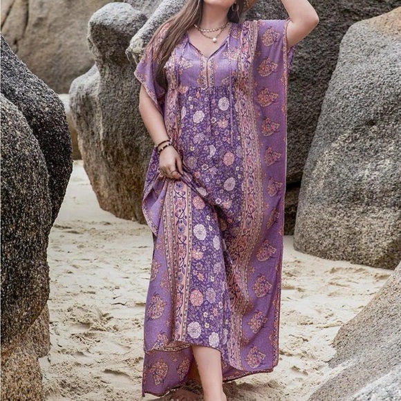 Boho Floral Print Slit Batwing Sleeve Kimono Dress - Picture 4 of 7